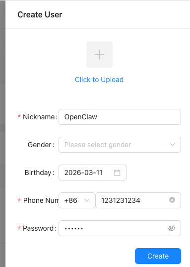 Enter OpenClaw account information